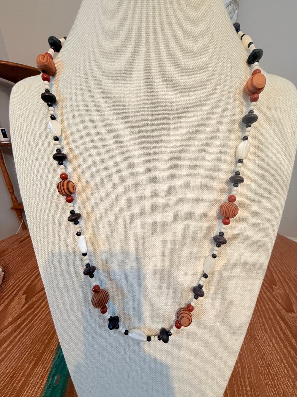 30” Wood & Shell Bead Boho Necklace